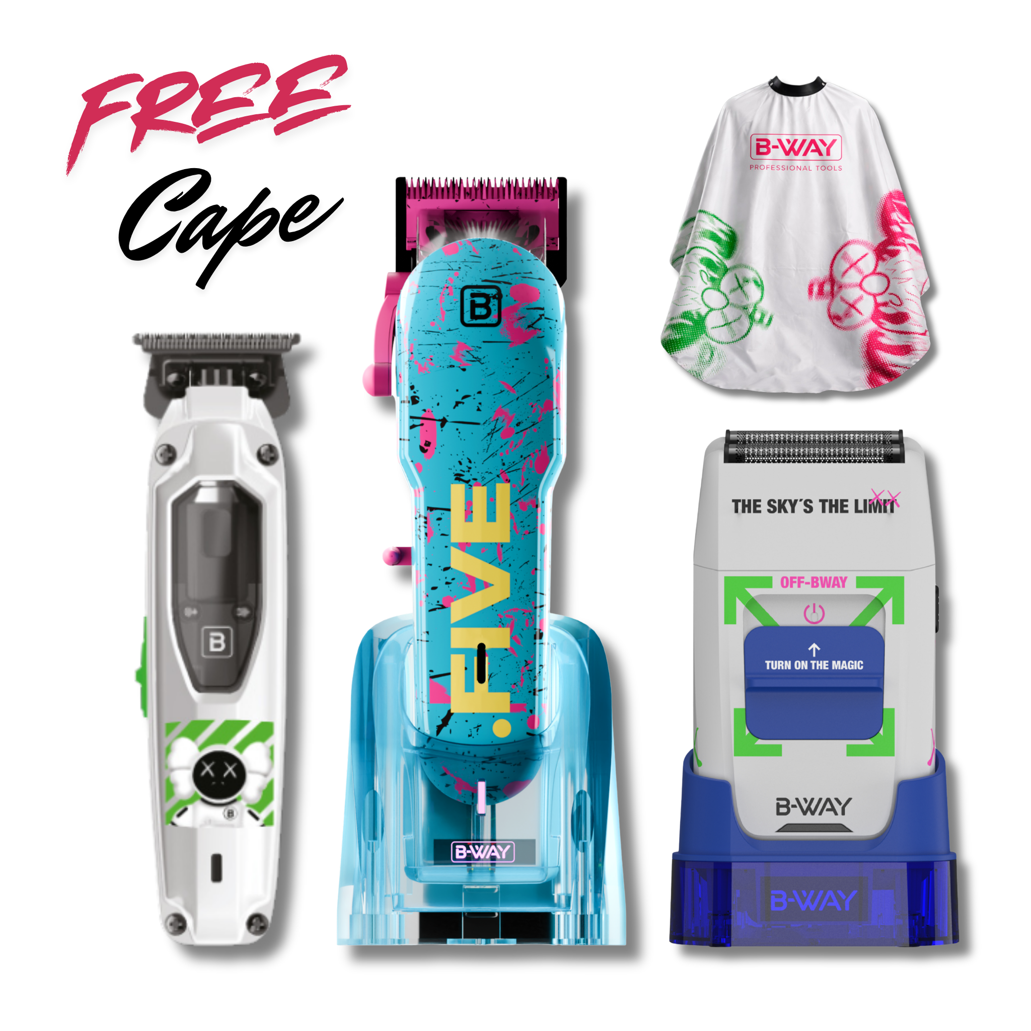 B-Way NEW Five Shorty Clipper, TPro Trimmer, OFF Shaver - 3 in 1 Set + Free Cape